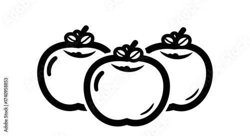 Three stylized apples with smiling faces a whimsical fruit illustration.