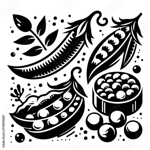 A black and white illustration of open and closed pea pods with loose peas and leaves scattered around