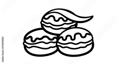 Three stylized black and white macaroons with wavy lines on top.