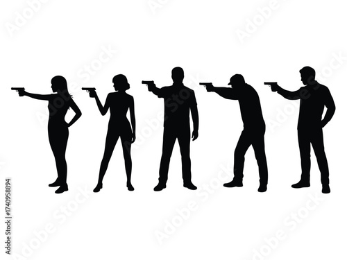 Set of five dynamic black silhouette figures aiming firearms vector illustration scalable eps icon silhouette vector illustration white background