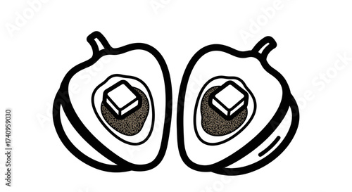 Two stylized avocado halves with a square of food on top.