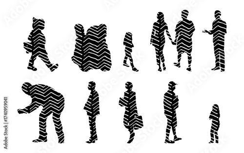 Vector illustration, Outline silhouettes of people, Contour drawing, people silhouette, Icon Set Isolated , Silhouette of sitting people, Architectural set
