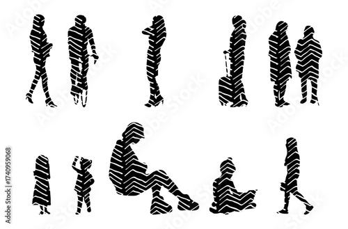 Vector illustration, Outline silhouettes of people, Contour drawing, people silhouette, Icon Set Isolated , Silhouette of sitting people, Architectural set