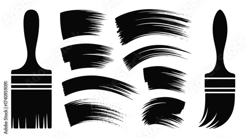 Set of black brush stroke silhouettes and paintbrushes vector illustration scalable eps silhouette vector illustration white background