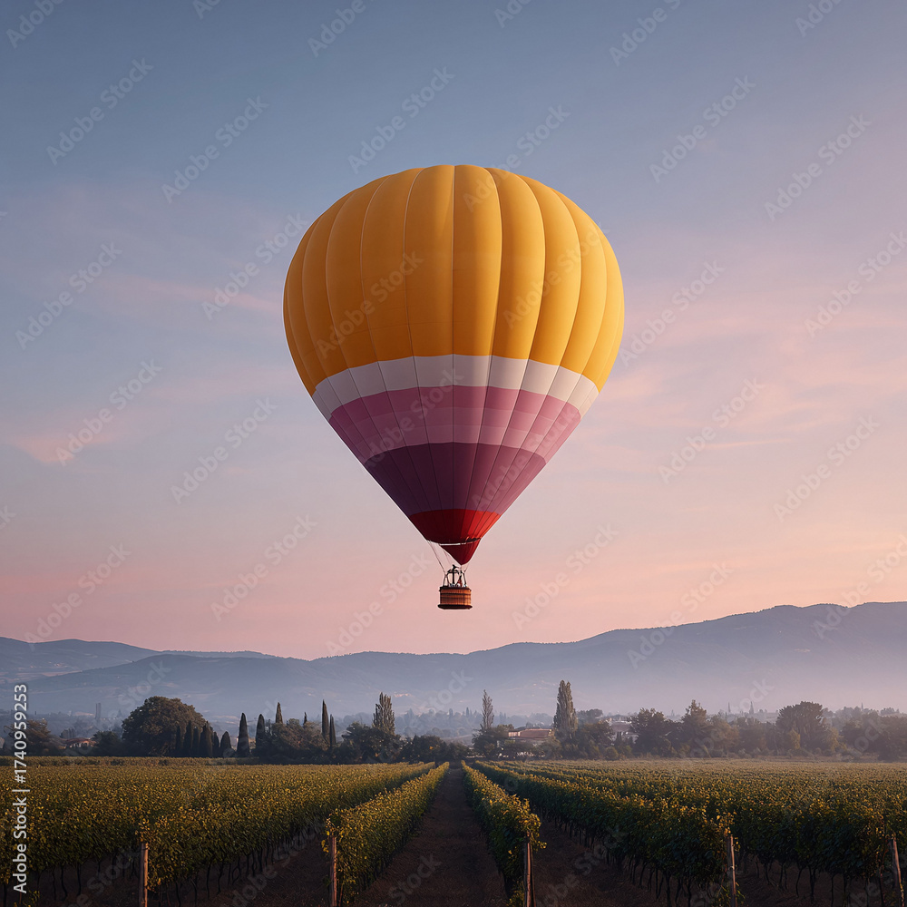 Fototapeta premium Dreamlike scenery featuring a hot air balloon floating over a vineyard at dawn. Represents travel, freedom, adventure, and peaceful escape. Ideal for travel, lifestyle, or aspirational content.