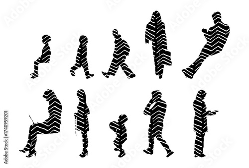 Vector illustration, Outline silhouettes of people, Contour drawing, people silhouette, Icon Set Isolated , Silhouette of sitting people, Architectural set