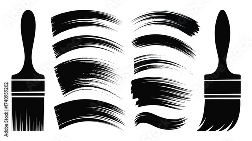 Set of black brush stroke silhouettes and paint brushes vector illustration scalable eps graphic design elements silhouette vector illustration white background