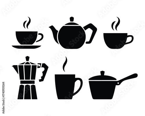 Set of six black silhouette illustrations of coffee and tea making utensils scalable vector eps silhouette vector illustration white background