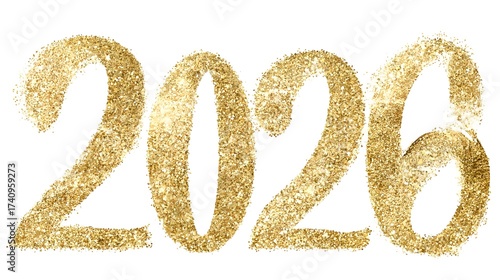 Glimmering numbers 2026 written with gold glitter on a white background