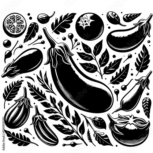 A decorative arrangement of eggplants and leaves in a black and white botanical illustration style image