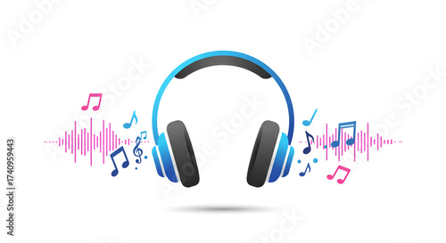 Modern Blue Headphones with Vibrant Music Notes and Sound Waves