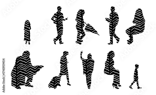 Vector illustration, Outline silhouettes of people, Contour drawing, people silhouette, Icon Set Isolated , Silhouette of sitting people, Architectural set