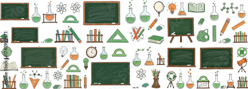 Colorful classroom elements including chalkboards, science tools, and stationery for educational themes.