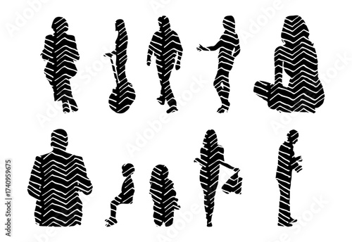 Vector illustration, Outline silhouettes of people, Contour drawing, people silhouette, Icon Set Isolated , Silhouette of sitting people, Architectural set