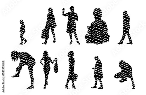 Vector illustration, Outline silhouettes of people, Contour drawing, people silhouette, Icon Set Isolated , Silhouette of sitting people, Architectural set
