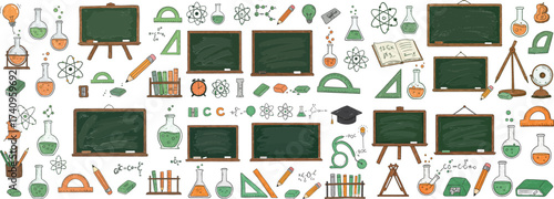 Colorful science-themed illustrations featuring chalkboards, lab equipment, and study tools.