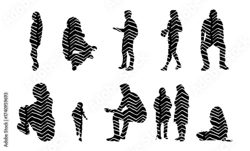 Vector illustration, Outline silhouettes of people, Contour drawing, people silhouette, Icon Set Isolated , Silhouette of sitting people, Architectural set