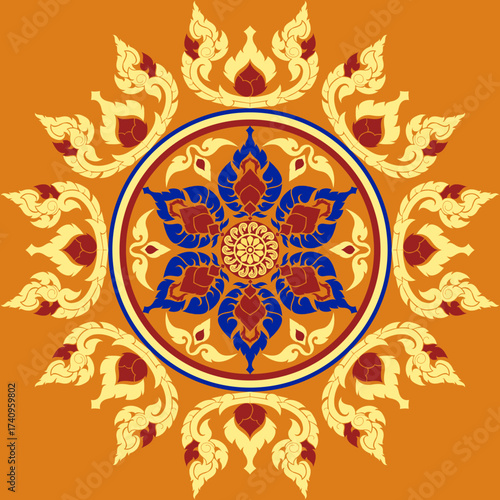 Thai Folk art design pattern Classic Damask Seamless Vector Illustration Elegant Vintage Floral carpet Luxury cloth Home Decoration green red yellow orange blue Fabric print