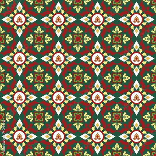 Thai Folk art design pattern Classic Damask Seamless Vector Illustration Elegant Vintage Floral carpet Luxury cloth Home Decoration green red yellow orange Fabric print