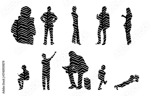 Vector illustration, Outline silhouettes of people, Contour drawing, people silhouette, Icon Set Isolated , Silhouette of sitting people, Architectural set