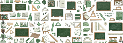 A vibrant collection of school-related items, including chalkboards, rulers, and mathematical tools.