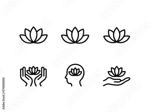 Minimalist line art lotus flower icons set scalable vector graphics for zen and wellness designs eps silhouette vector illustration white background