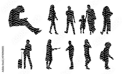 Vector illustration, Outline silhouettes of people, Contour drawing, people silhouette, Icon Set Isolated , Silhouette of sitting people, Architectural set