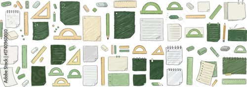 A collection of green stationery items, including notepads, rulers, and pencils, perfect for students.