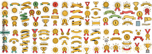 A vibrant collection of gold medals, trophies, and ribbons celebrating achievements and success.