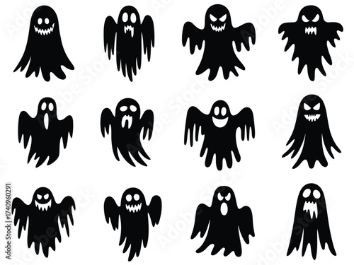 Collection of 16 spooky black silhouette ghost vector illustrations for halloween themed graphic design projects silhouette vector illustration white background