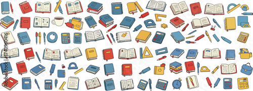 Colorful collection of various books and stationery items arranged in a visually engaging pattern.
