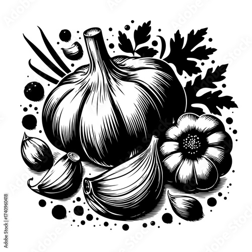 A black and white drawing of garlic bulbs with cloves and herbs in a detailed illustration style