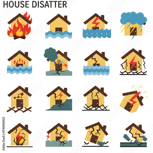 Various Weather-Related Damage and Destruction to Homes Depicted in Icon Set