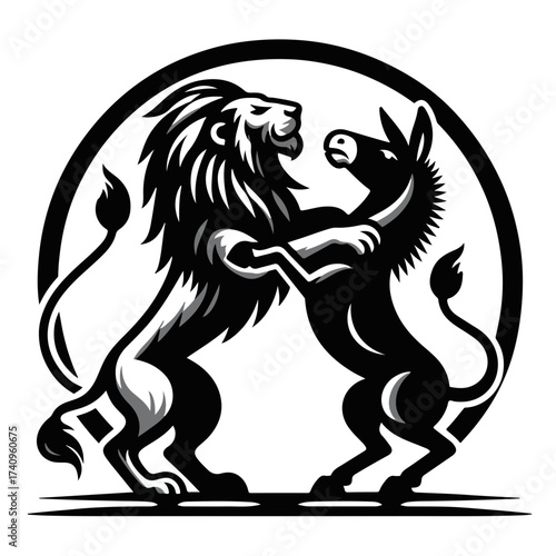 Illustration of a lion and a donkey facing each other in a fighting stance inside a circular border design