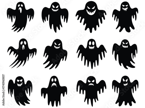 Collection of 16 spooky silhouette ghost illustrations scalable vector graphics eps file silhouette vector illustration white background