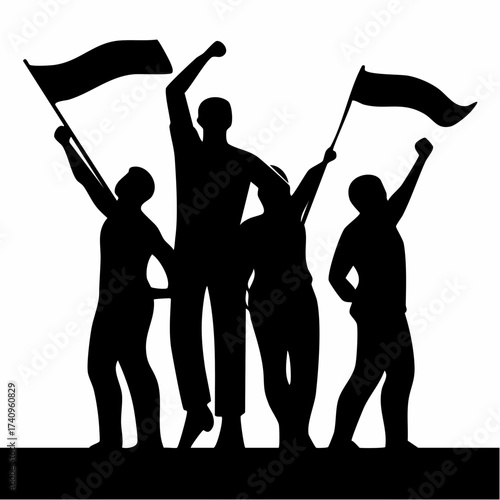 Revolutionary Silhouette: A group of individuals unite in a powerful display of solidarity, raising flags and fists in a symbol of collective strength and determination.