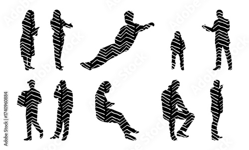 Vector illustration, Outline silhouettes of people, Contour drawing, people silhouette, Icon Set Isolated , Silhouette of sitting people, Architectural set