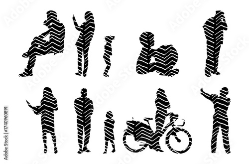 Vector illustration, Outline silhouettes of people, Contour drawing, people silhouette, Icon Set Isolated , Silhouette of sitting people, Architectural set