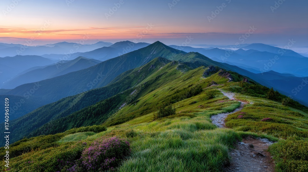 Obraz premium Majestic Mountain Landscape at Sunrise with Vivid Colors and Serene Pathway in Nature's Embrace