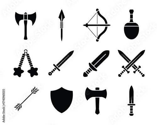 Set of 12 black silhouette medieval weapons vector illustration scalable eps icon collection silhouette vector illustration white background