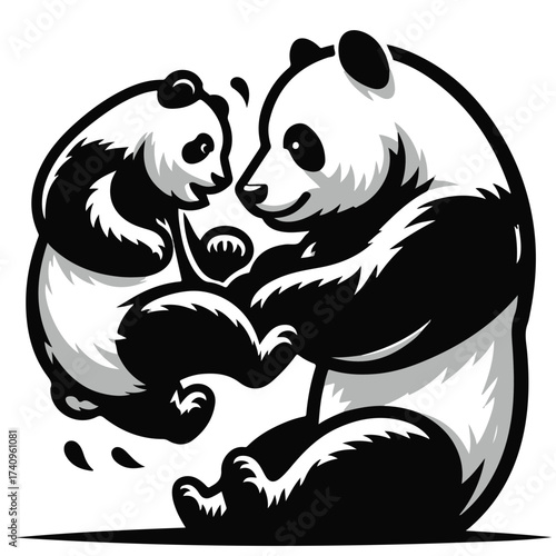 Illustration of a panda bear with its cub in a playful pose rendered in black and white colorscheme