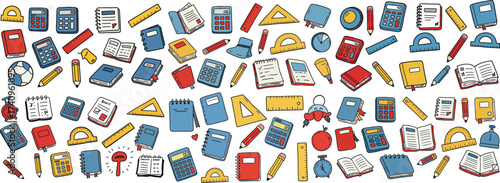 A colorful assortment of school supplies and learning tools in a whimsical design.