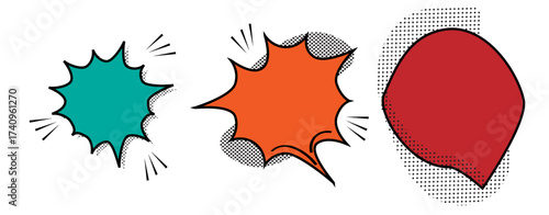 Set of colorful retro comic speech bubbles with halftone pattern effect. Vector illustration of explosive comic book design elements for text and pop art.