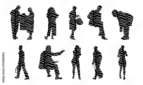 Vector illustration, Outline silhouettes of people, Contour drawing, people silhouette, Icon Set Isolated , Silhouette of sitting people, Architectural set