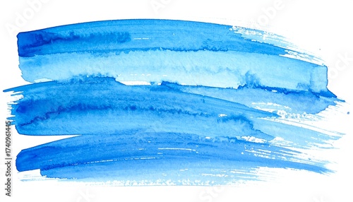 Abstract watercolor streaks of graduated blue hues. Artistic strokes of paint, layered, textured, and on a white background