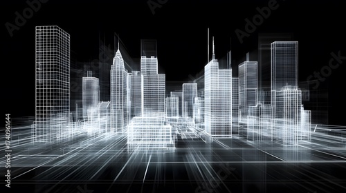 Abstract wireframe city futuristic skyline in monochrome design on black background