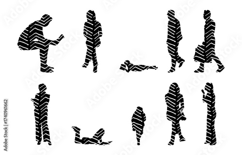 Vector illustration, Outline silhouettes of people, Contour drawing, people silhouette, Icon Set Isolated , Silhouette of sitting people, Architectural set