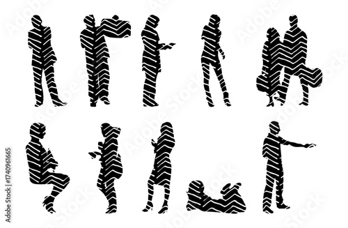 Vector illustration, Outline silhouettes of people, Contour drawing, people silhouette, Icon Set Isolated , Silhouette of sitting people, Architectural set