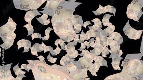 Set of US Dollar, Euro, Japanese Yen, British Pound Sterling, Australian Dollar Banknote Explosion With Transparent Background