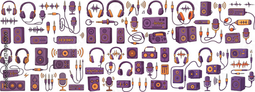 Colorful pattern of audio equipment including microphones, headphones, and speakers in vibrant colors.